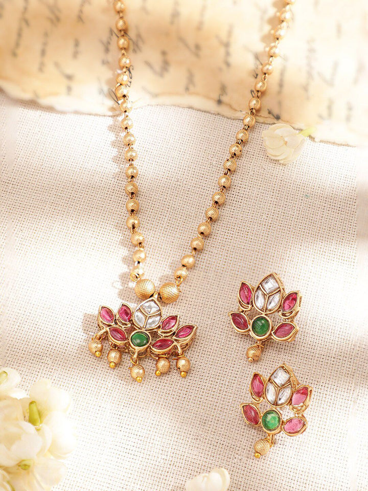 Rubans 22K Gold-Plated Ruby Pink & Emerald Stone Studded Handcrafted Necklace with Earring