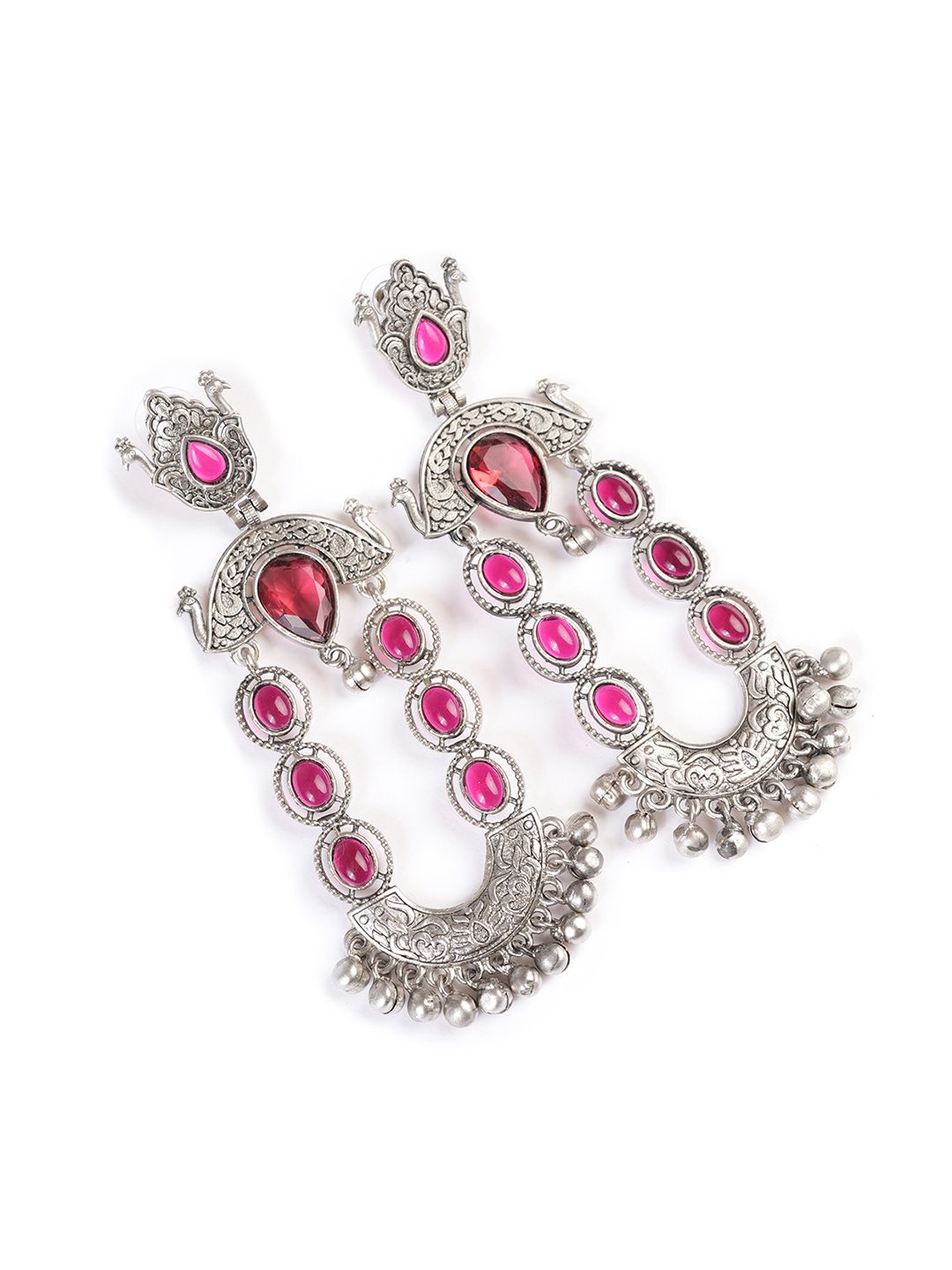 PANASH Silver-Plated Stones Studded And Beaded Contemporary Shaped Oxidized Drop Earrings