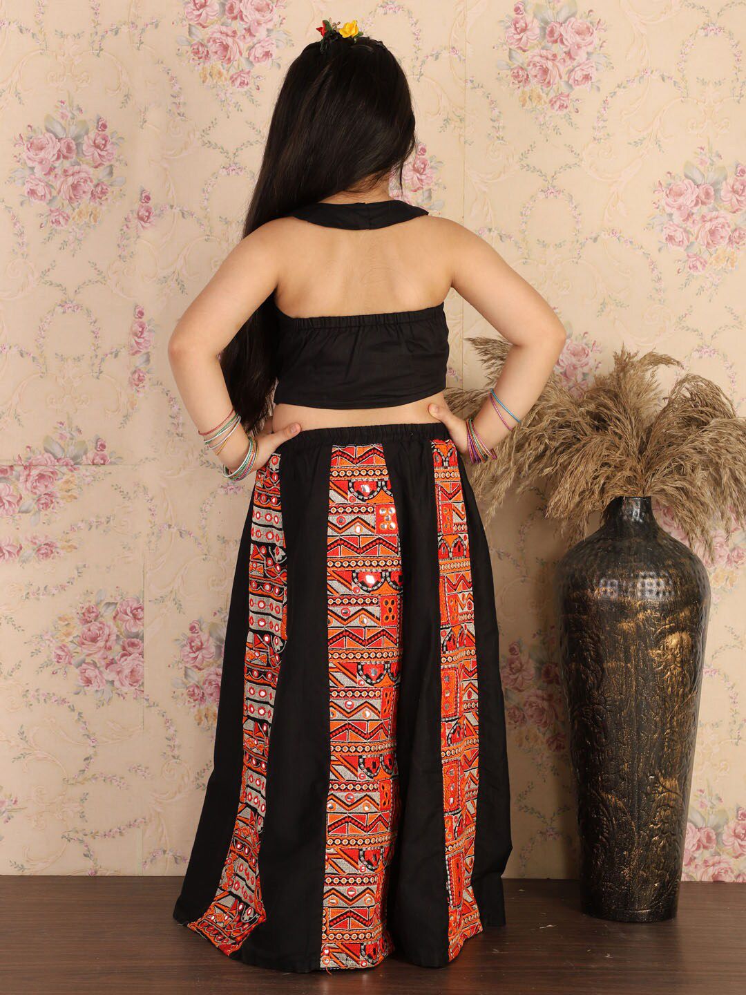VASTRAMAY Girls Black & Orange Embroidered Patchwork Ready to Wear Lehenga Set
