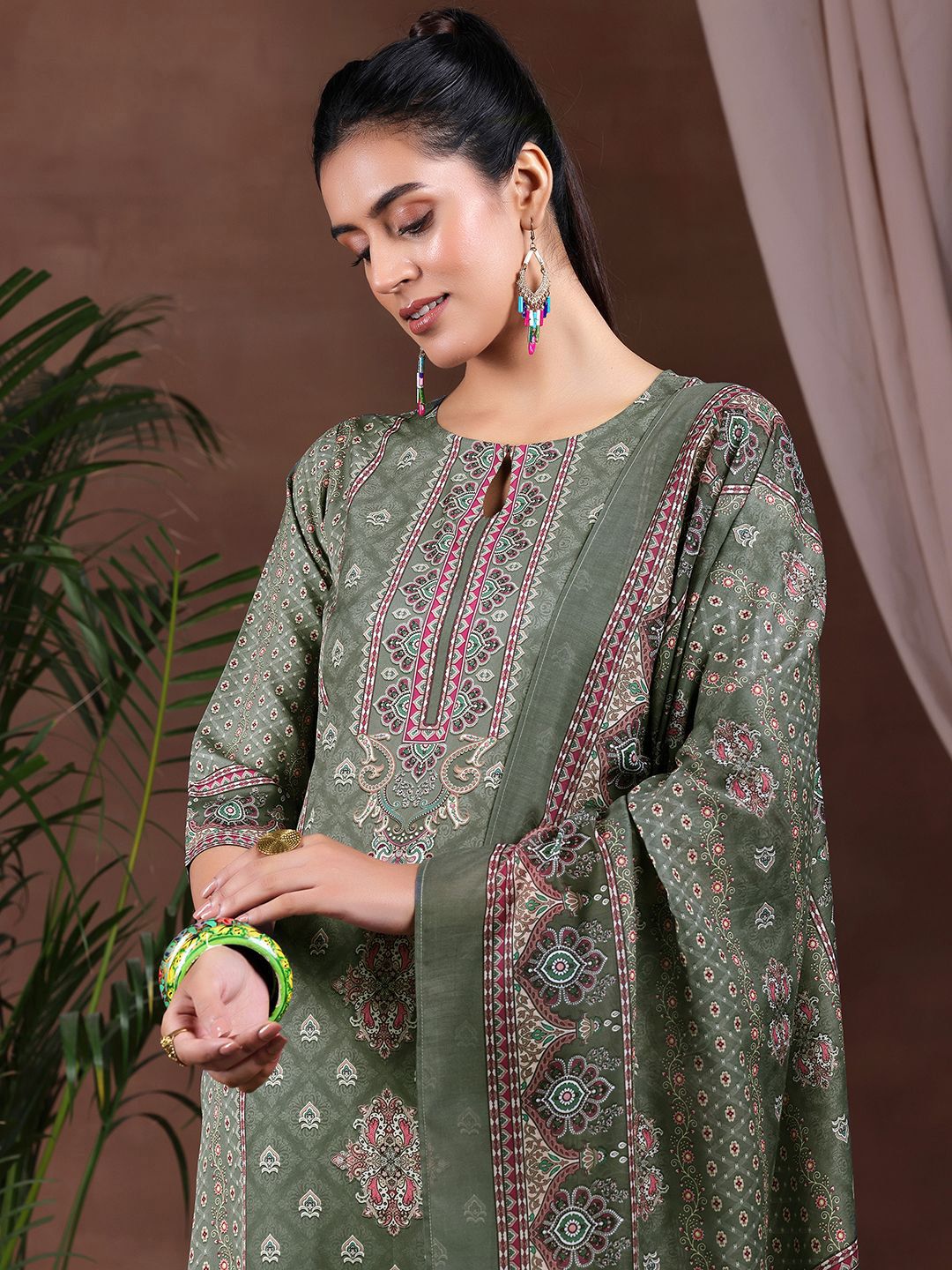 Libas Ethnic Motifs Printed Keyhole Neck Straight Kurta with Trousers & Dupatta