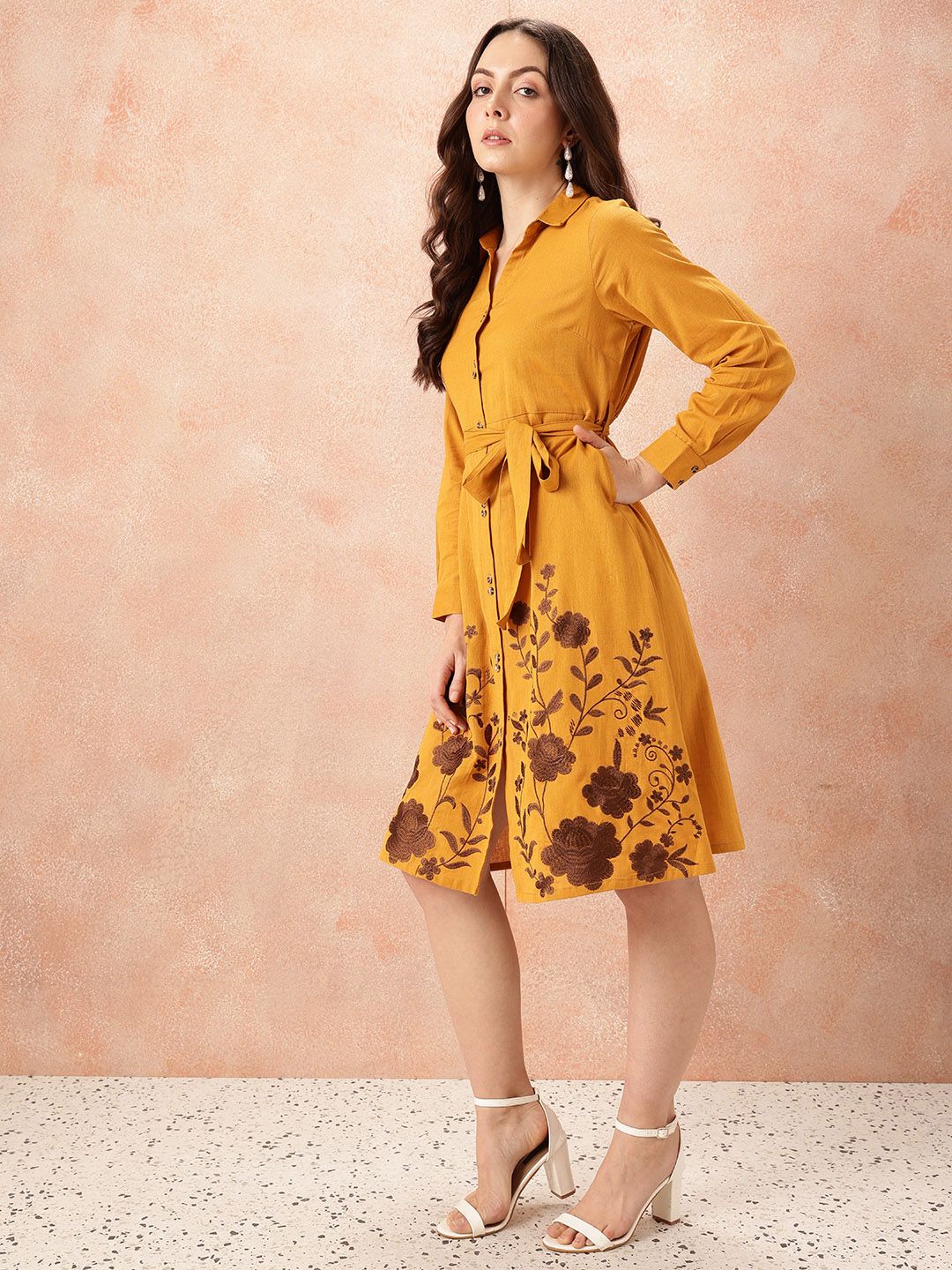 all about you Floral Embroidered Waist Tie-Ups Shirt Dress