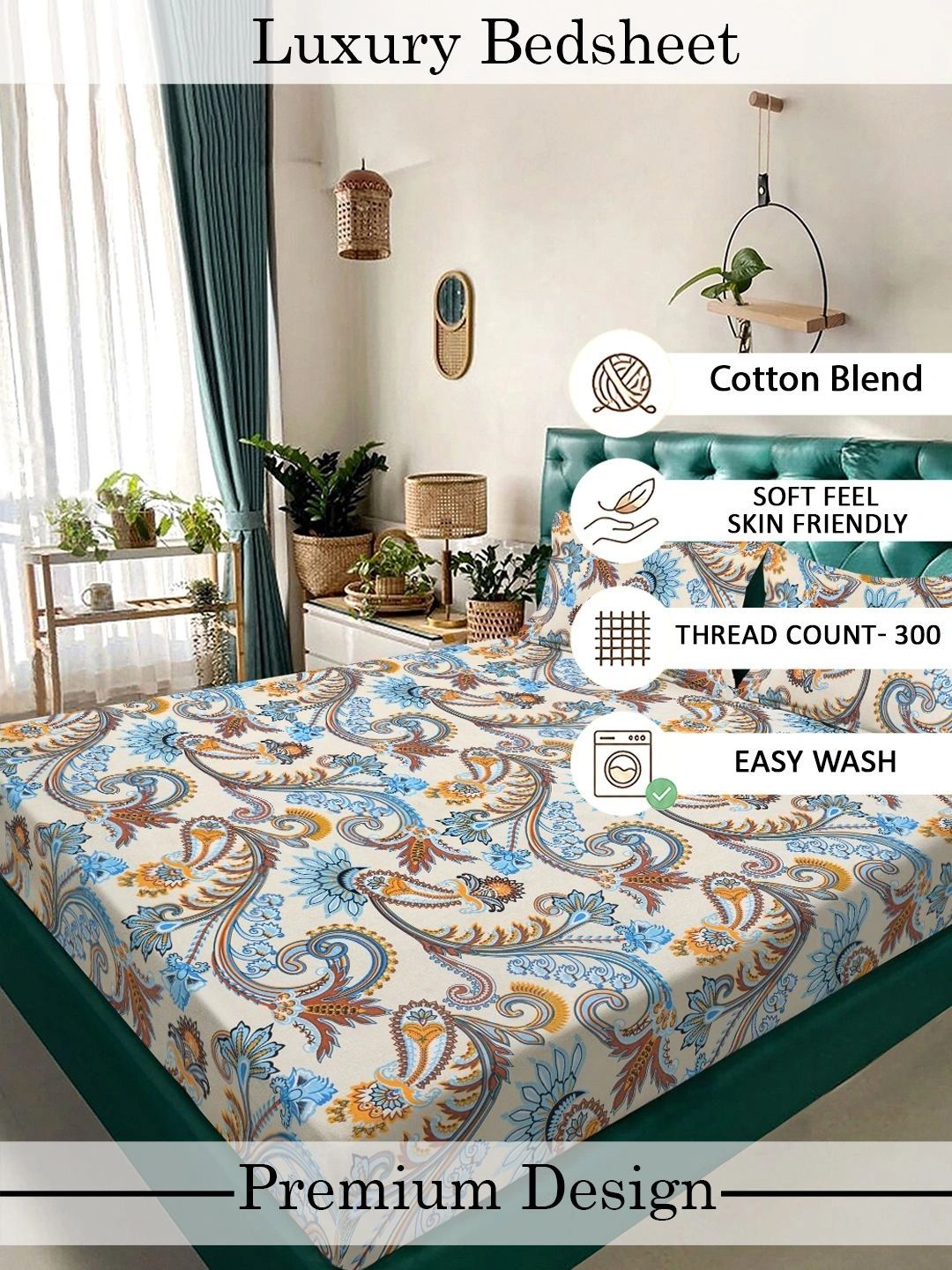 Moda Rapido X KLOTTHE Berwarna Krim & Bunga Coklat 300 TC Cadar King dengan 2 Sarung Bantal