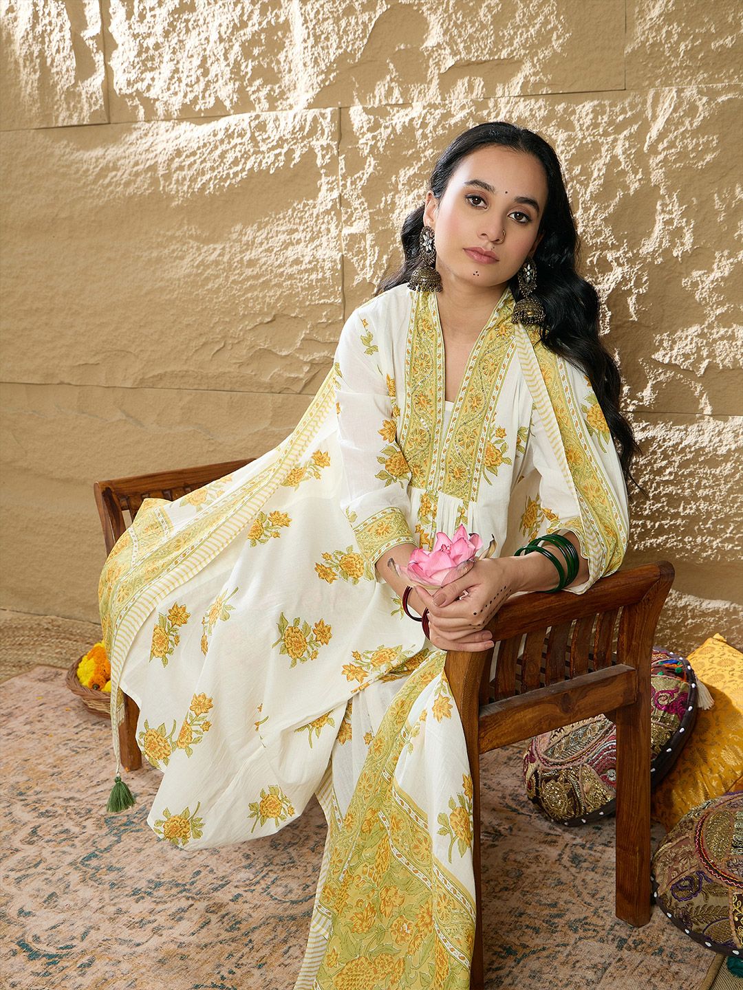 Indo Era Women Floral Printed Pleated Beads and Stones Pure Cotton Kurta with Trousers & With Dupatta