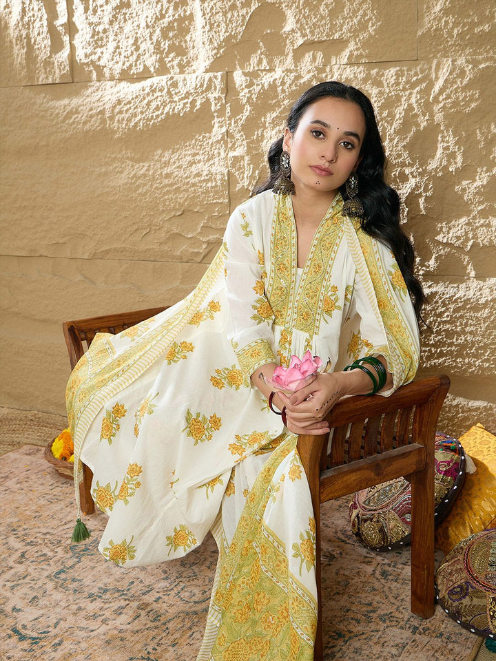 Indo Era Women Floral Printed Pleated Beads and Stones Pure Cotton Kurta with Trousers & With Dupatta