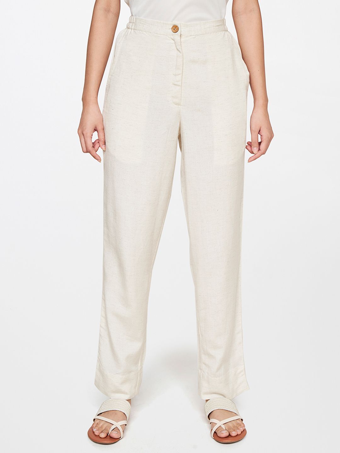 Global Desi Women Off White Straight Fit Trousers