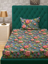 Moda Rapido X KLOTTHE Turquoise Biru & Hijau Bunga 300 TC Cadar Tempat Tidur Single dengan 1 Sarung Bantal
