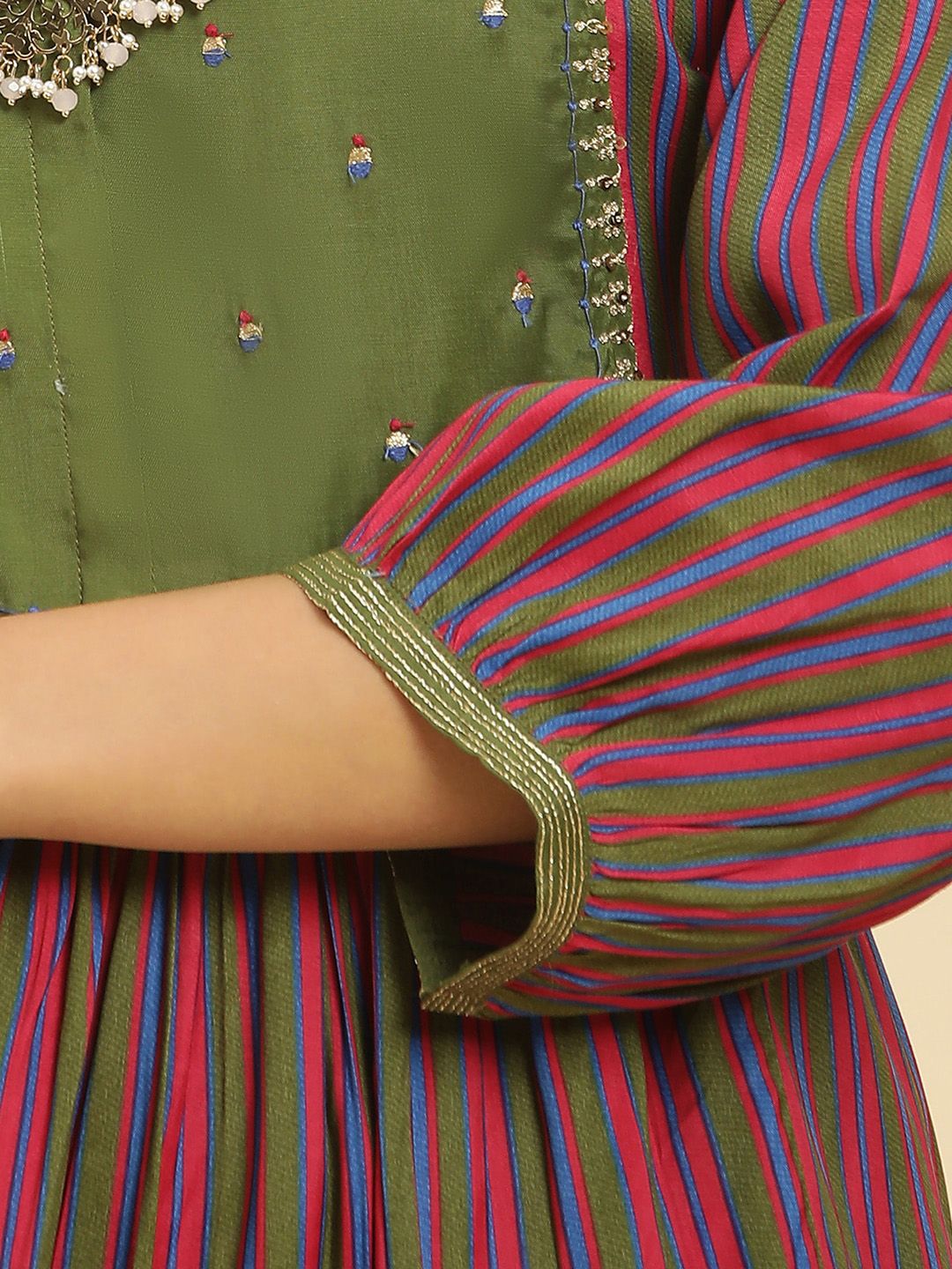 W Striped Thread Work A-Line Kurta with Trousers