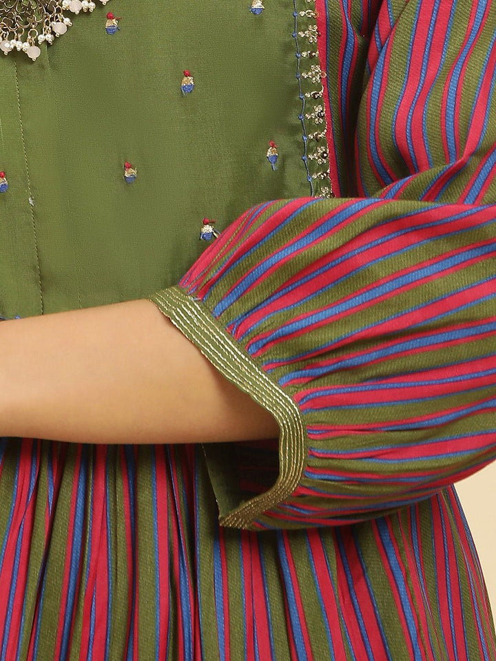 W Striped Thread Work A-Line Kurta with Trousers