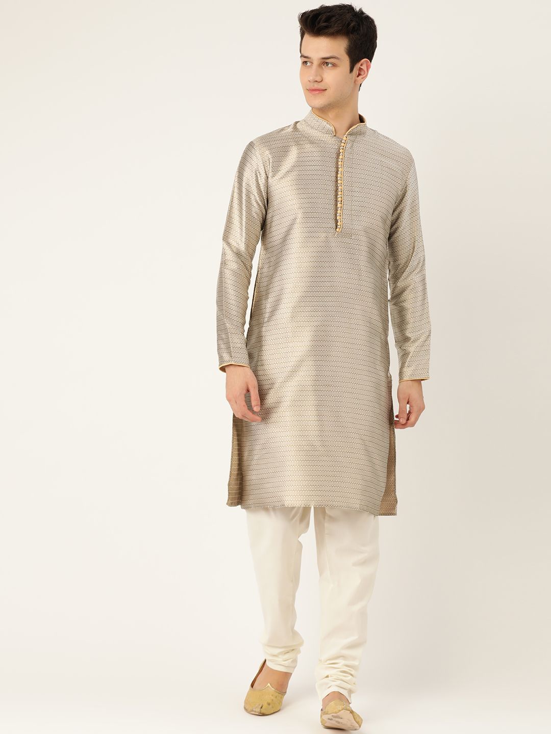 SOJANYA Men Beige & Off-White Woven Design Kurta Lurus