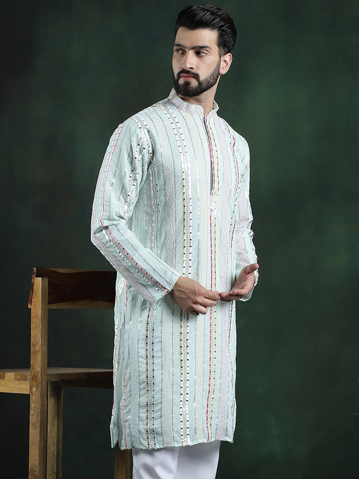 SOJANYA LUXE Striped Embroidered Mandarin Collar Thread Work Georgette Kurta