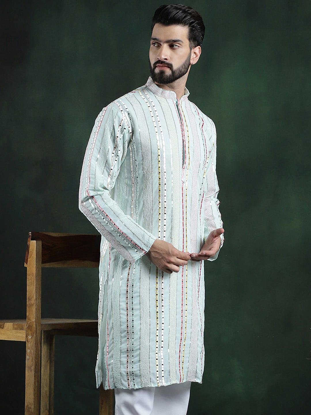SOJANYA LUXE Striped Embroidered Mandarin Collar Thread Work Georgette Kurta