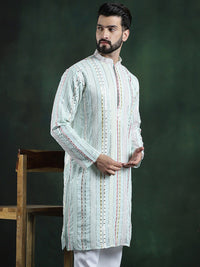 SOJANYA LUXE Striped Embroidered Mandarin Collar Thread Work Georgette Kurta