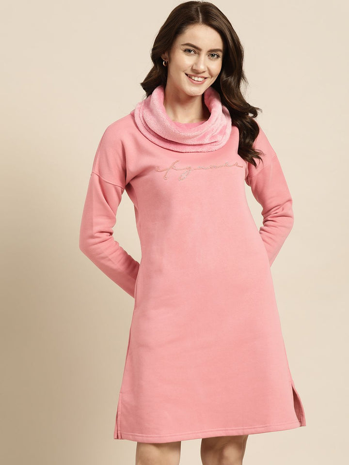Sweet Dreams Pink Embroidered Turtle Neck Fleece Nightdress