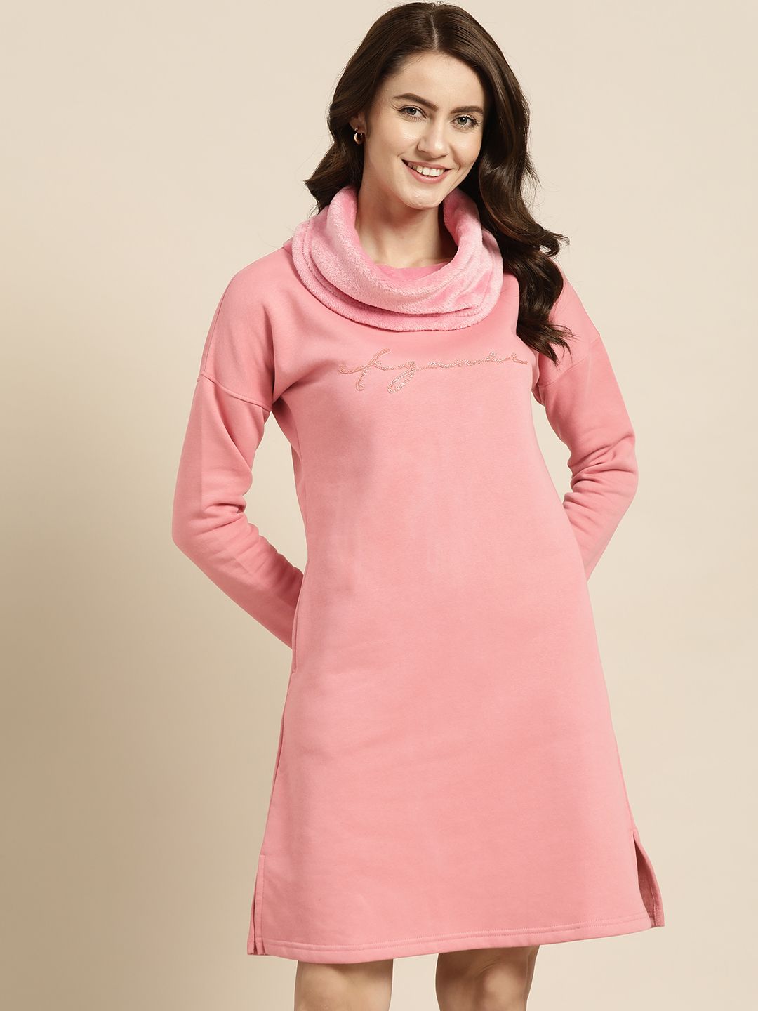 Sweet Dreams Pink Embroidered Turtle Neck Fleece Nightdress