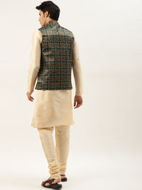 SOJANYA Men Golden Solid Kurta with Churidar & Nehru Jacket