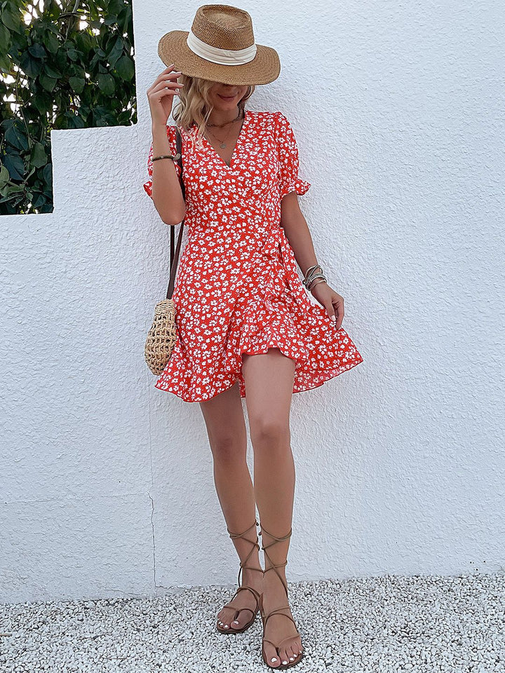 DressBerry Floral Printed Knot Detail Puff Sleeves Wrap Dress