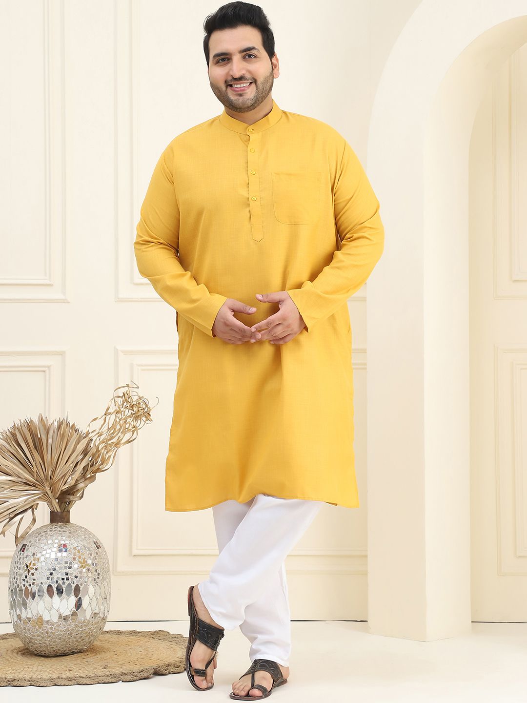 SOJANYA PLUS Size Men Mustard Yellow Pure Cotton Kurta