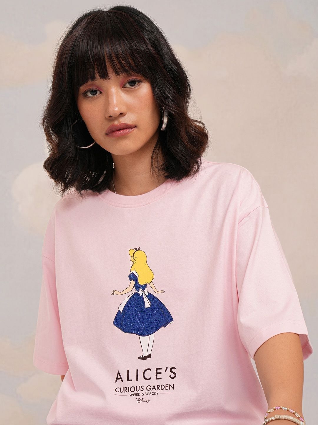 Tokyo Talkies Women Alice in Wonderland Printed Boxy Pure Cotton Tshirt