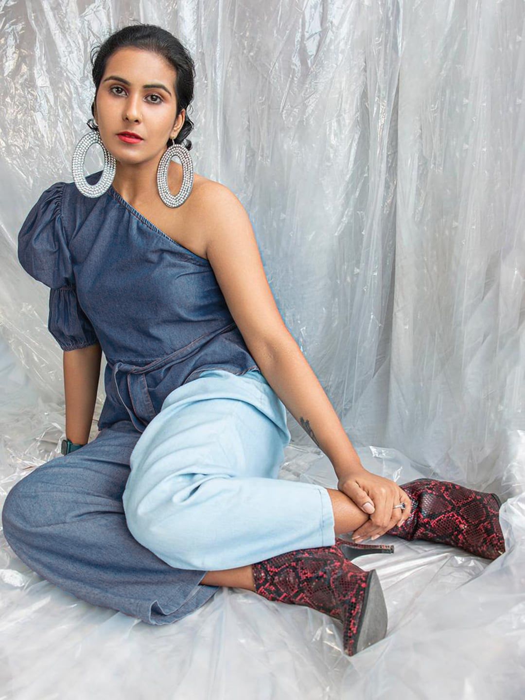 STREET 9 Navy Blue Solid One Shoulder Indigo Pure Cotton Denim Regular Top with Belt