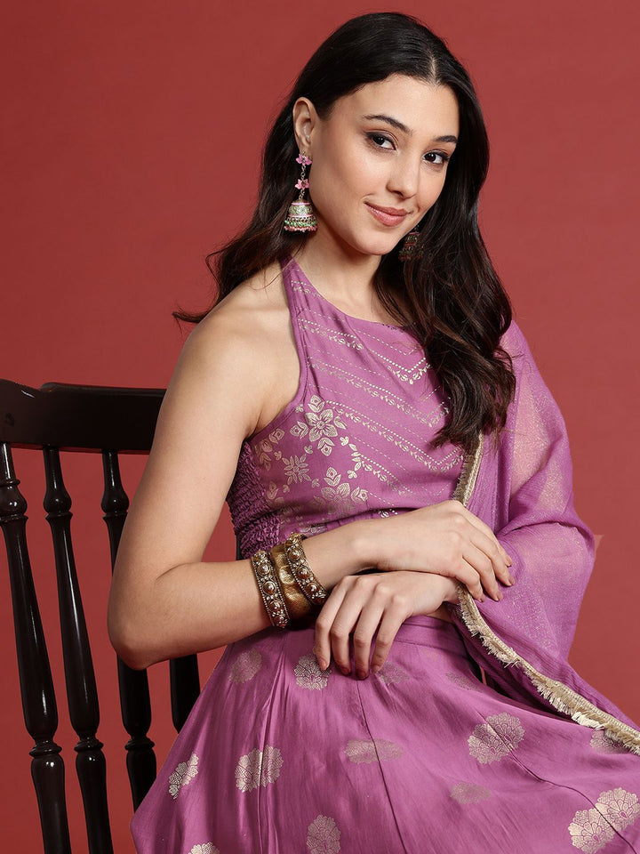 Anouk Printed Ready to Wear Halter Neck Smocked Lehenga & Blouse With Dupatta
