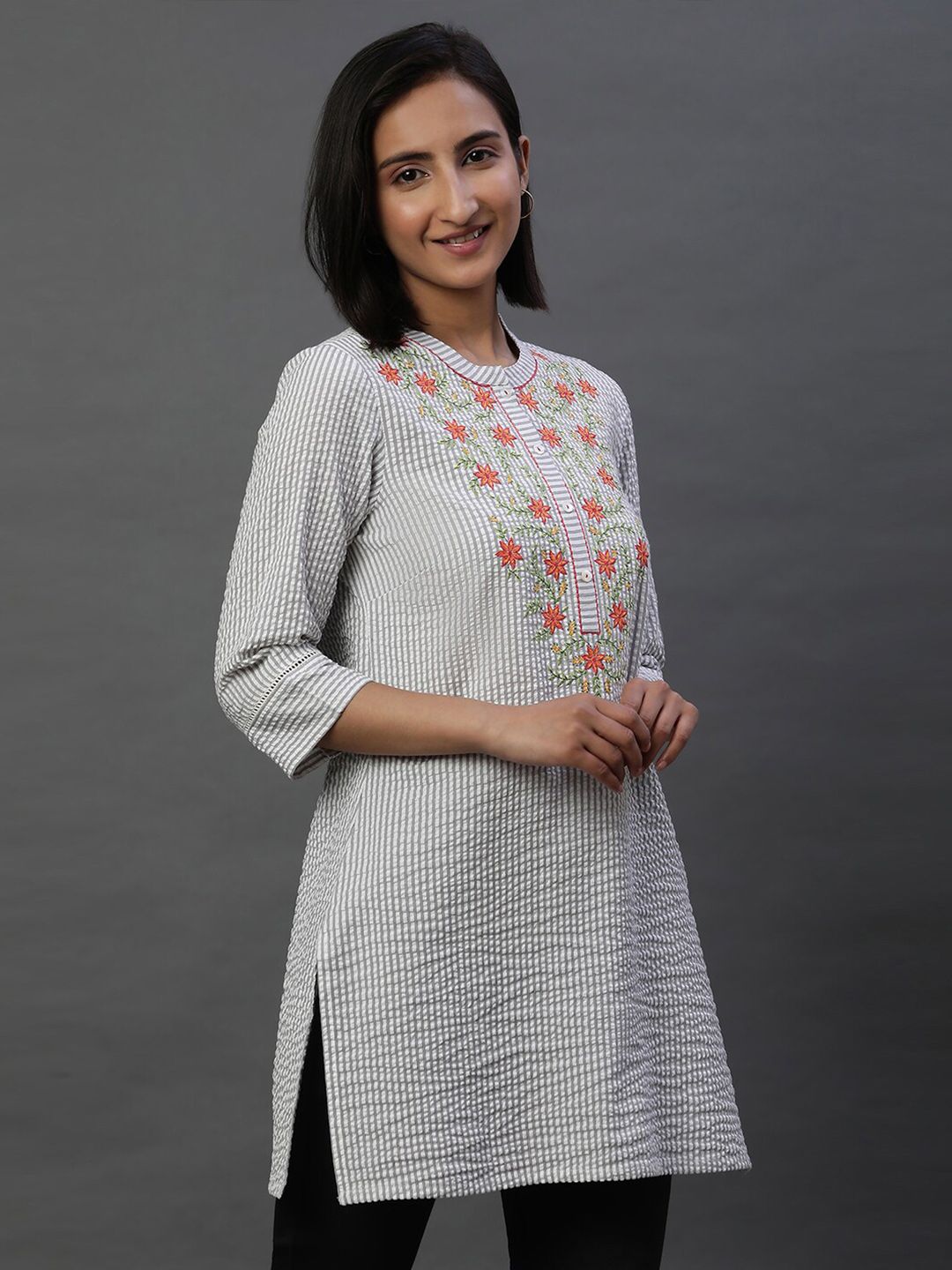 AURELIA Striped Mandarin Collar Thread Work Pure Cotton Kurti
