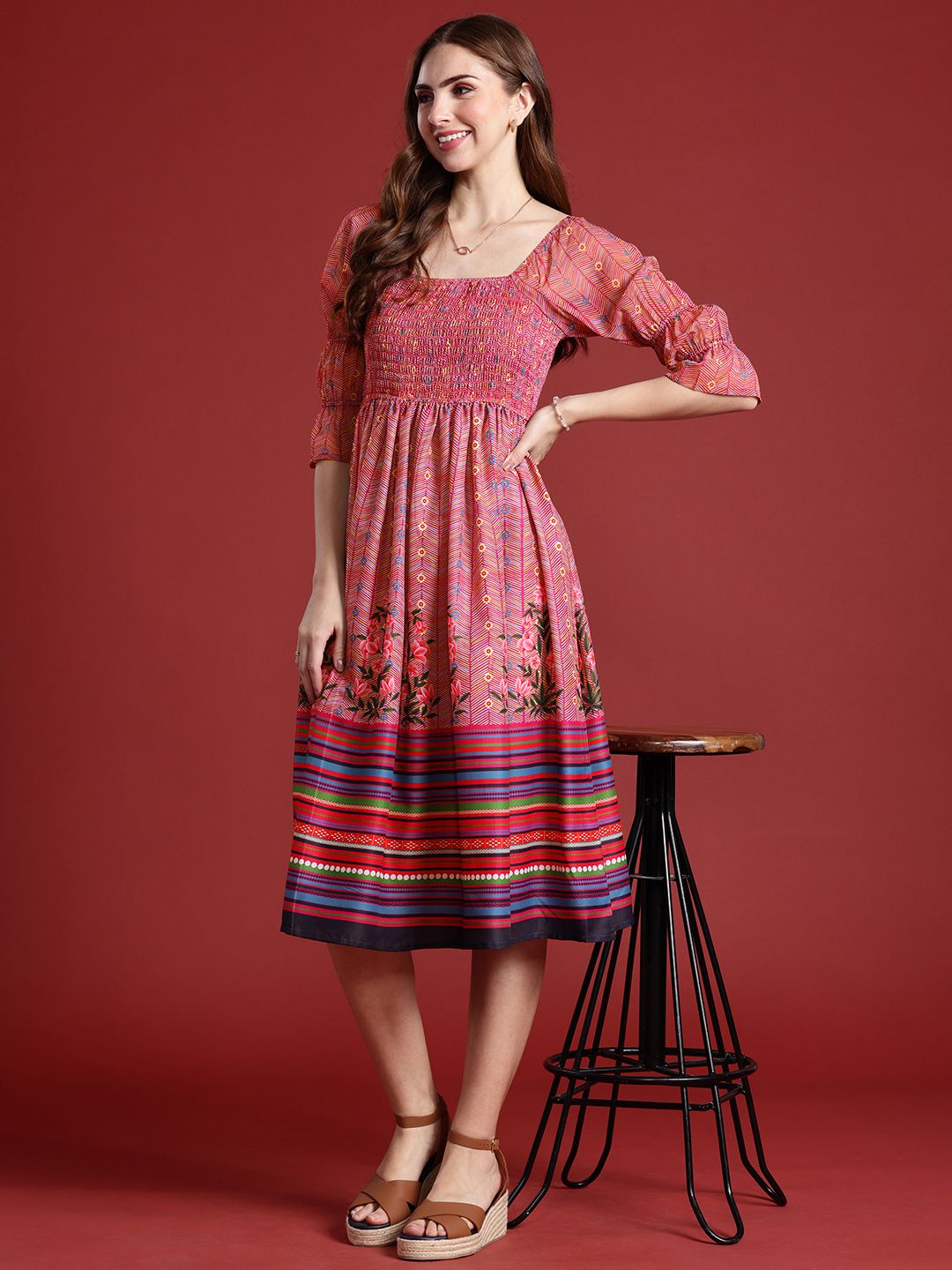 Anouk Floral Printed Fit & Flared Smocked Ethnic Dress