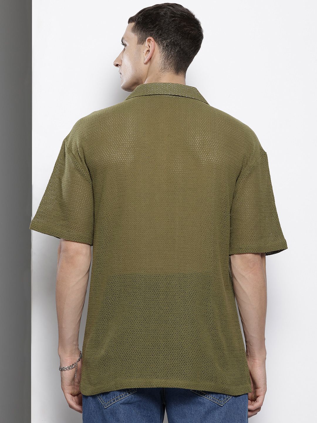 The Indian Garage Co Men Textured Open Weave Knitted Relaxed Fit Shirt