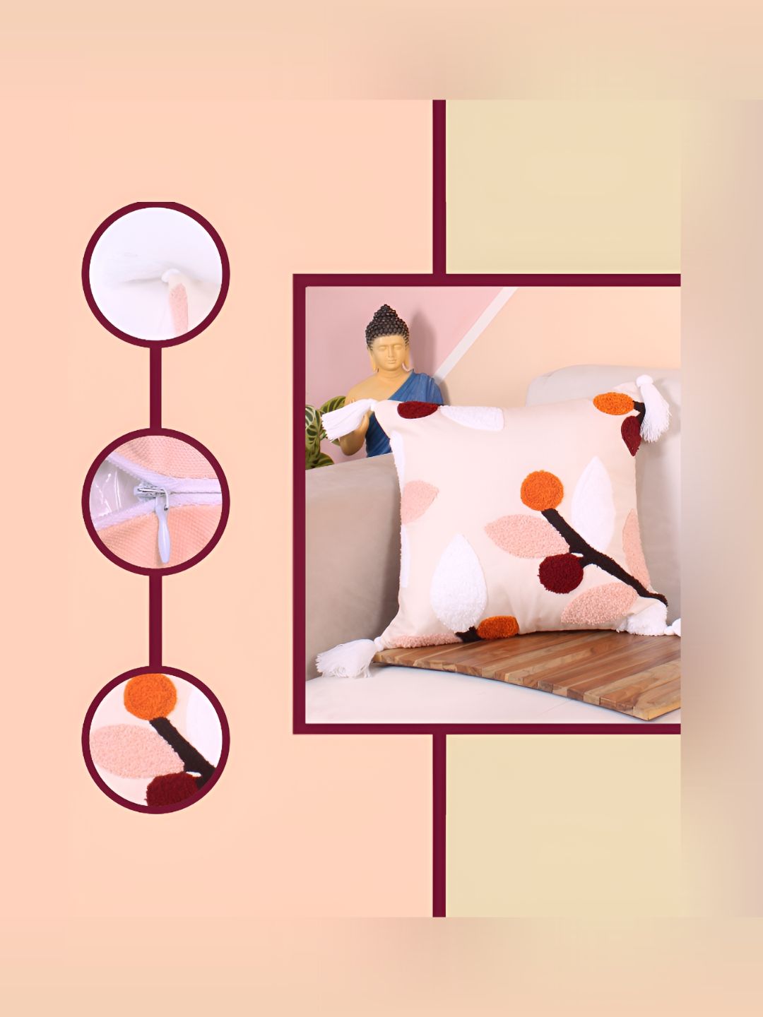 STITCHNEST Peach & White Embroidered Square Cushion Cover
