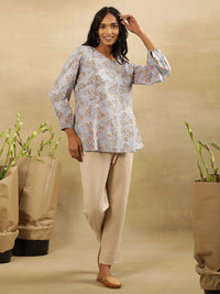 W Round Neck Floral Printed Cotton Peplum Top