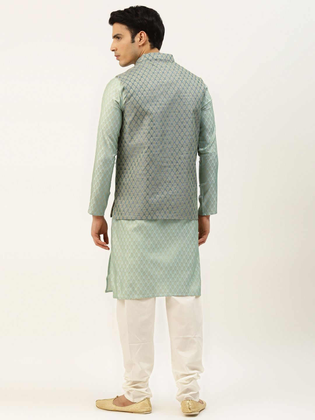 SOJANYA Men Green & Off-White Ethnic Motifs Kurta with Churidar & Nehru Jacket