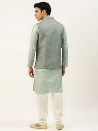 SOJANYA Men Green & Off-White Ethnic Motifs Kurta with Churidar & Nehru Jacket