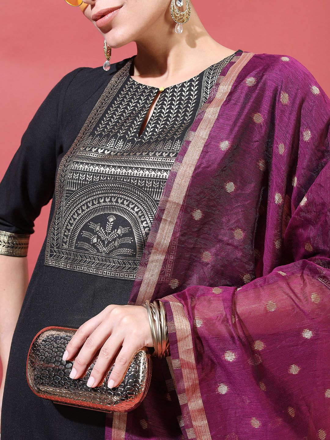 Vishudh Women Black Ethnic Motifs Printed Kurta with Trousers & Dupatta