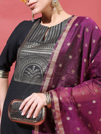 Vishudh Women Black Ethnic Motifs Printed Kurta with Trousers & Dupatta
