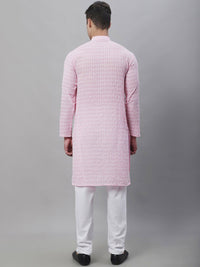 SOJANYA Men Pink Sulam Kurta Kapas Tulen Biasa dengan Churidar