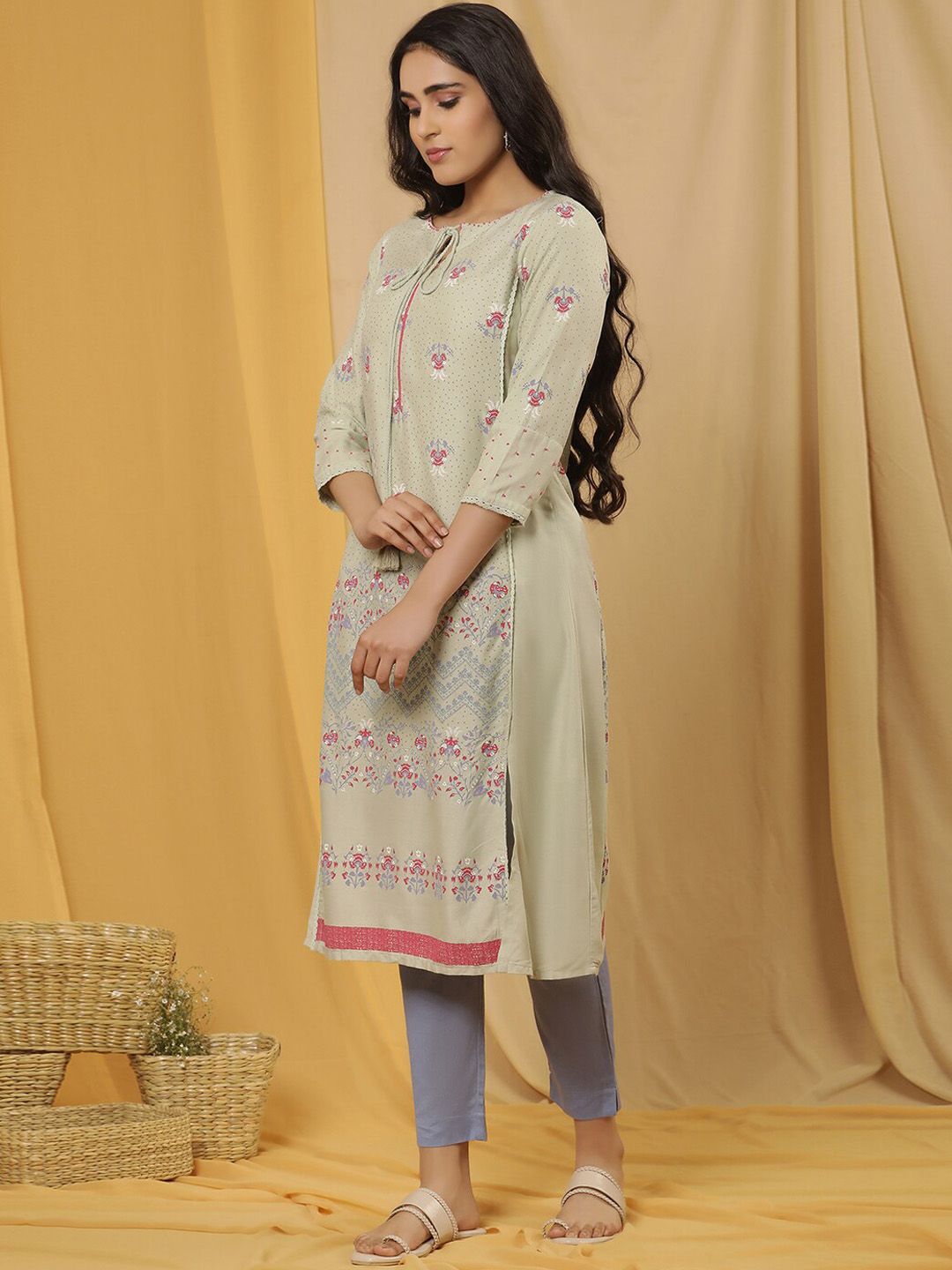 W Floral Printed Tie-Up Neck A-Line Kurta with Trouser