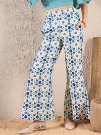 SASSAFRAS Teal Blue Puff Sleeves V-Neck Crop Top & Trouser