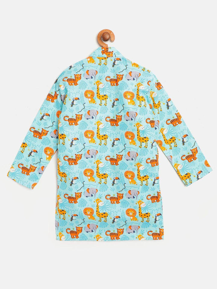 SOJANYA Boys Sea Green & Orange Jungle Print Band Collar Cotton Kurta