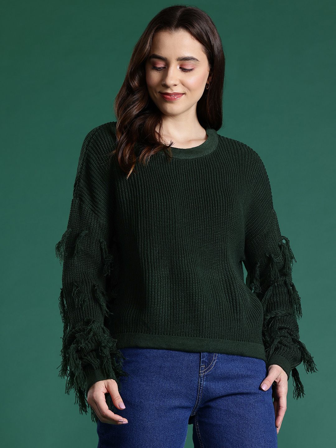 DressBerry Ribbed Acrylic Poncho with Fringed Detail