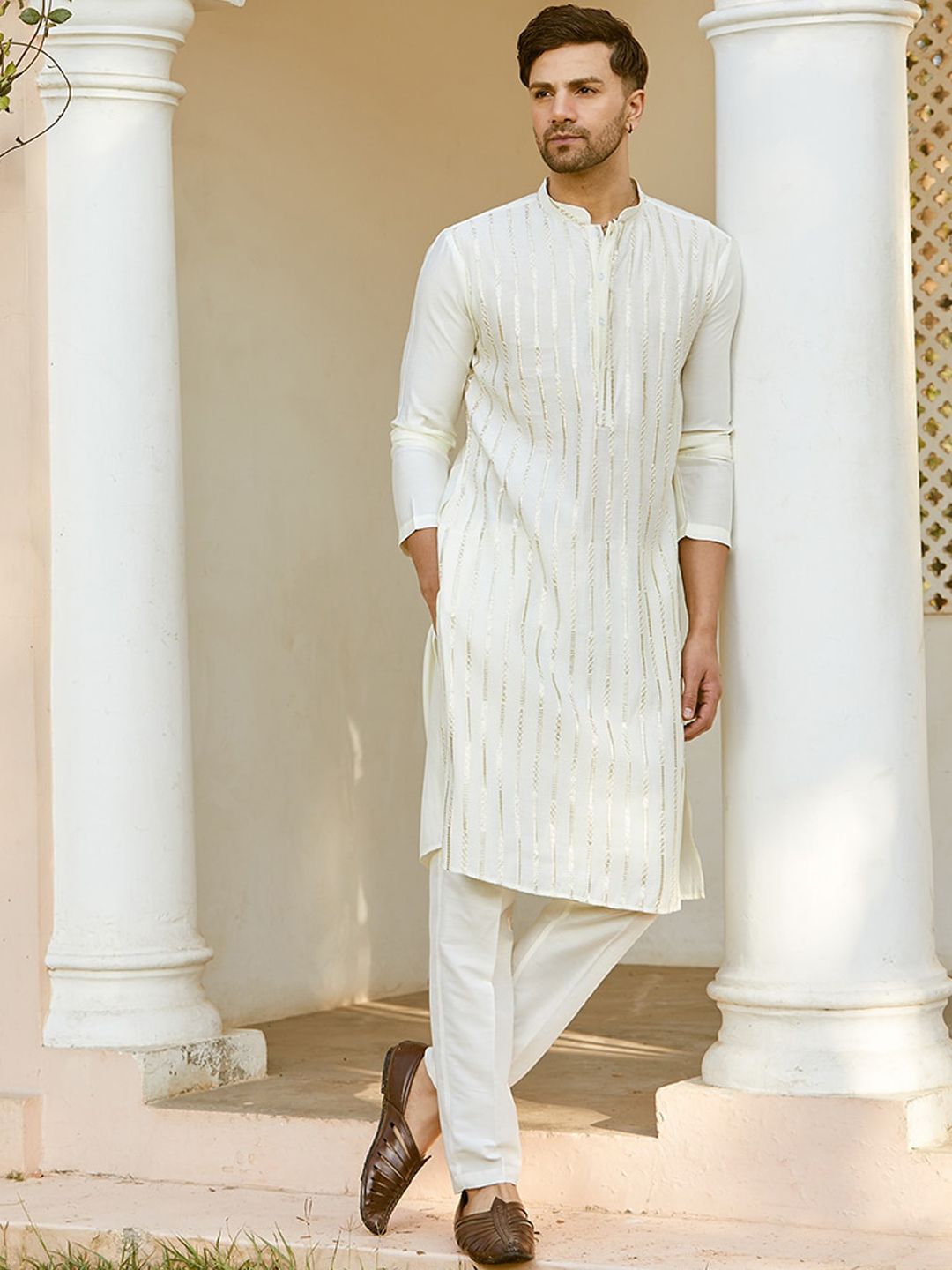 See Designs Striped Embroidered Sequined Straight Kurta