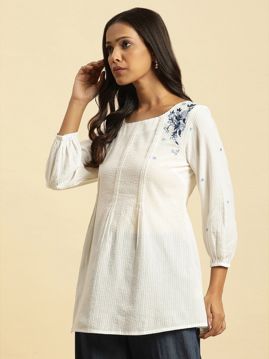 W Self Designed Puff Sleeves Pure Cotton A-Line Top