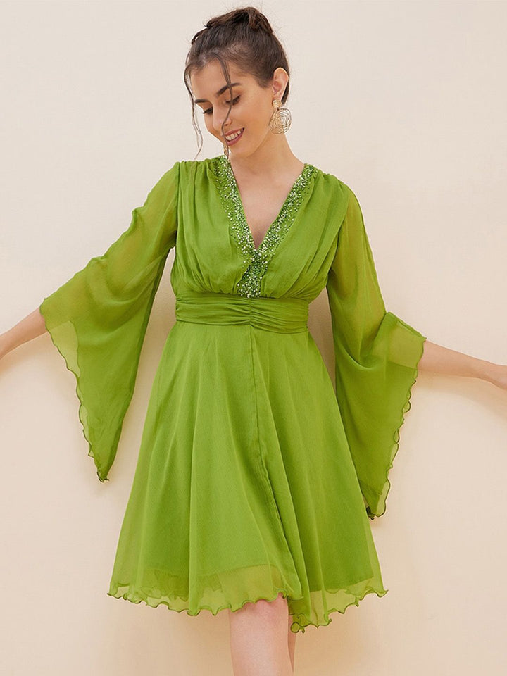 Antheaa Embelllished V-Neck Flared Sleeves Fit & Flare Dress