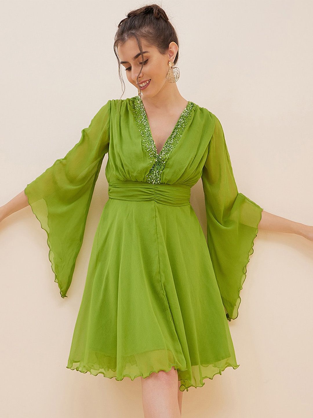 Antheaa Embelllished V-Neck Flared Sleeves Fit & Flare Dress