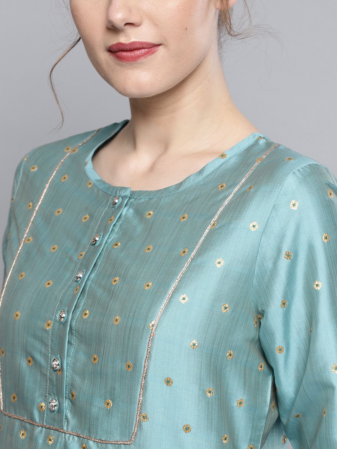 STREET 9 Women Turquoise Blue & Beige Self Design Kurta with Trousers