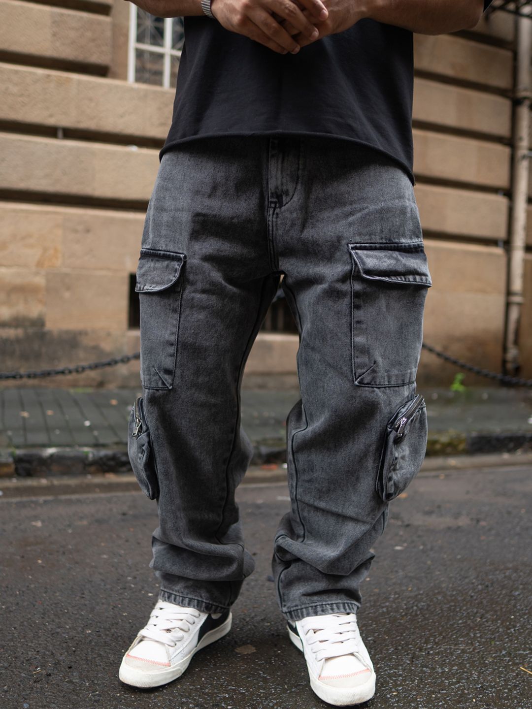 Powerlook Men Cotton Loose Baggy Fit Cargo Trousers