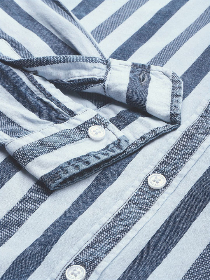 THE BEAR HOUSE Men Blue Slim Fit Cotton Striped Casual Shirt