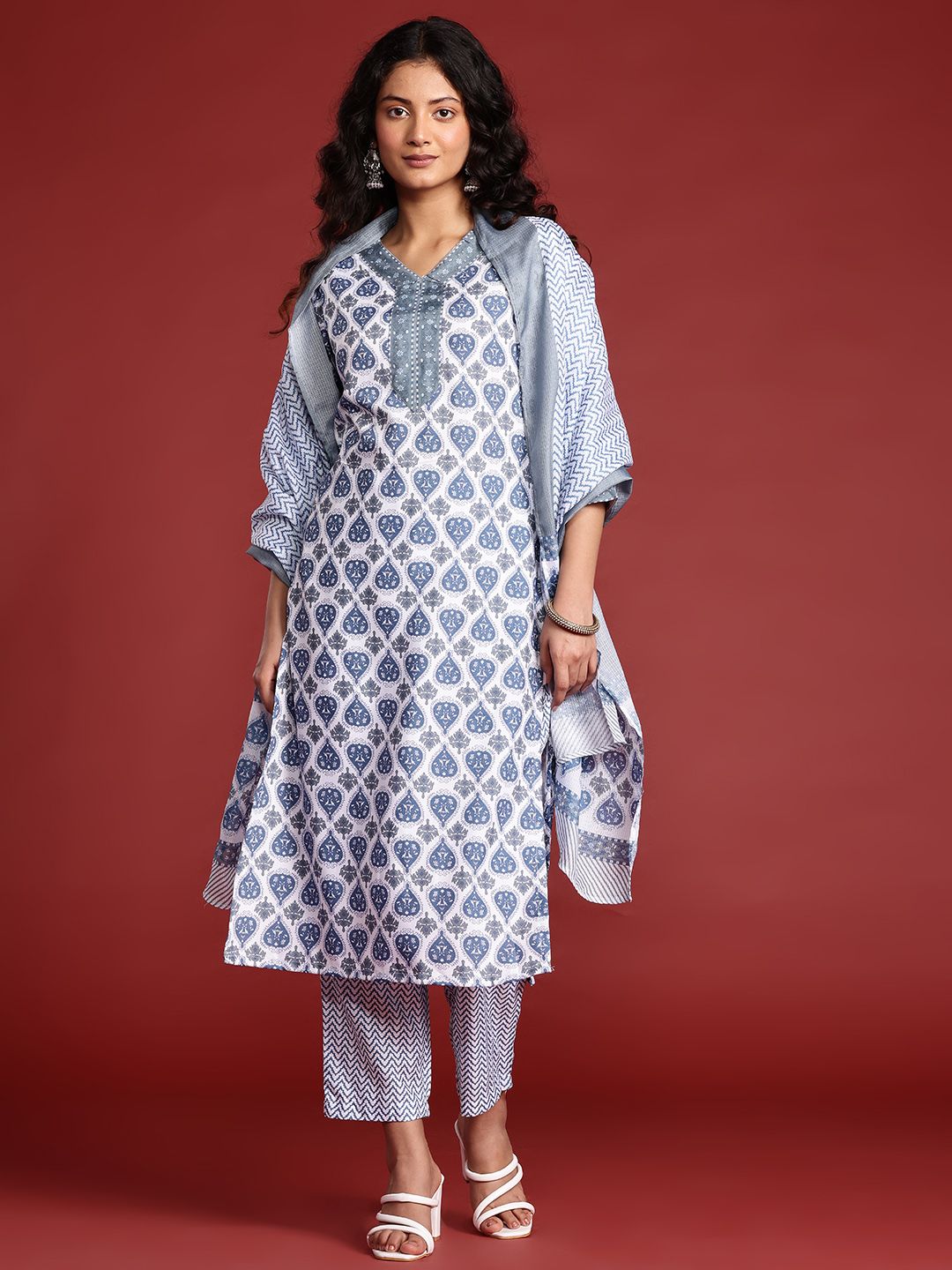 Anouk Printed Kurta with Trousers & Dupatta