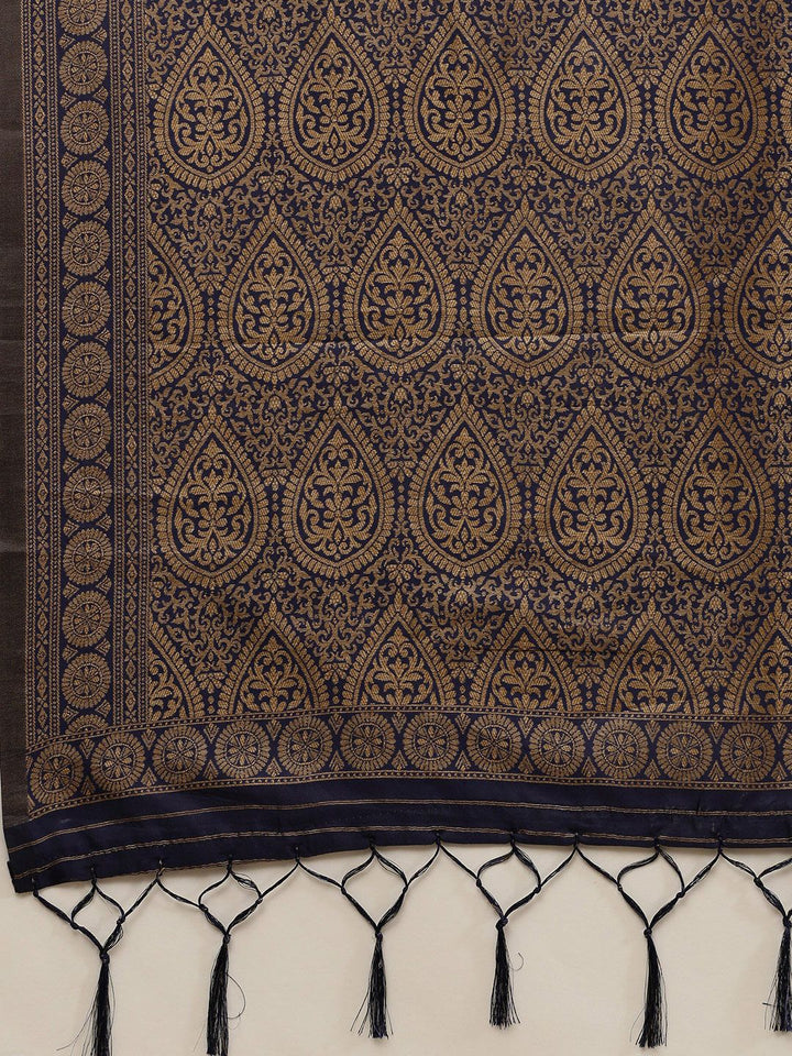 Saree mall Navy Blue & Gold-Toned Woven Design Silk Blend Sarees