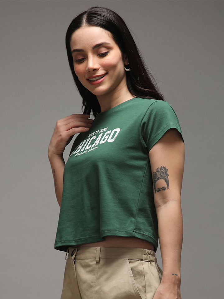 DILLINGER Women Regular Cropped Crew Neck Varsity Printed Tshirt