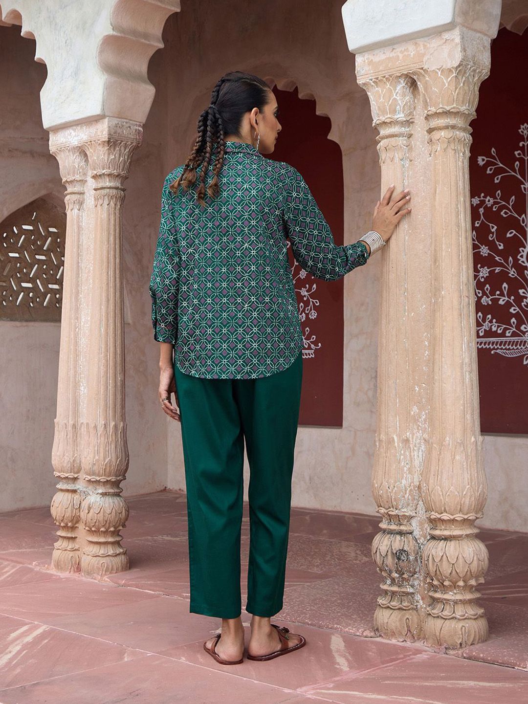 House of Chikankari Women Dark Green Cotton Hand Block Set Co-Ord