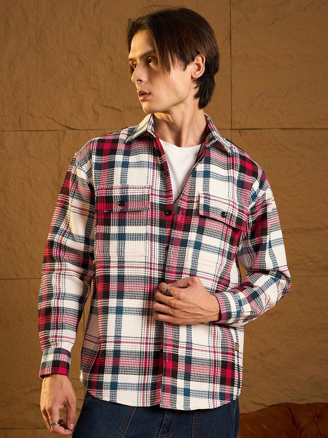 DENNISON Men Double Pocket Drop Shoulder Oversized Cotton Checked Shacket